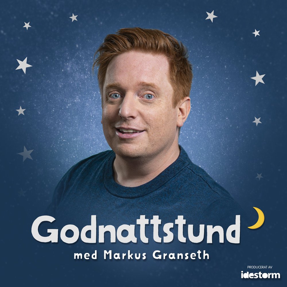 Markus Granseth mot en stjärnklar natthimmel med en gul måne. Godnattstund med Markus Granseth